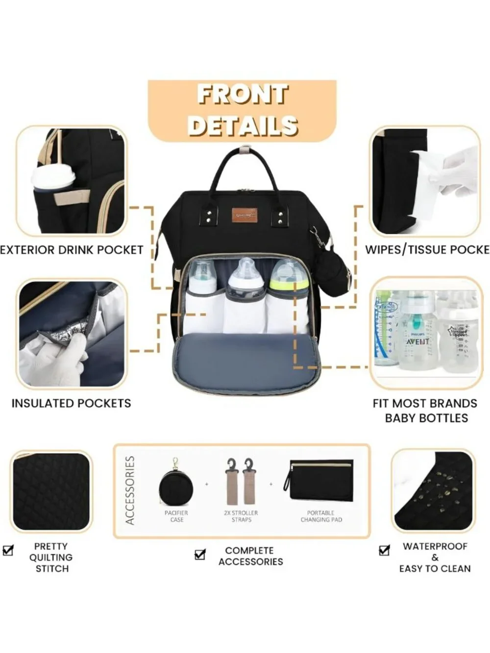 Stylish Waterproof Diaper Bag Backpack with Changing Pad & Pacifier Case - Large